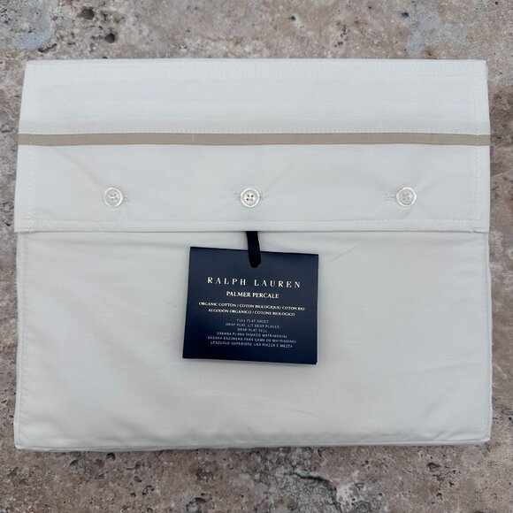 Ralph Lauren Organic Cotton Palmer Percale Full Size Flat Sheet, White/Sand Dune - Picture 1 of 12